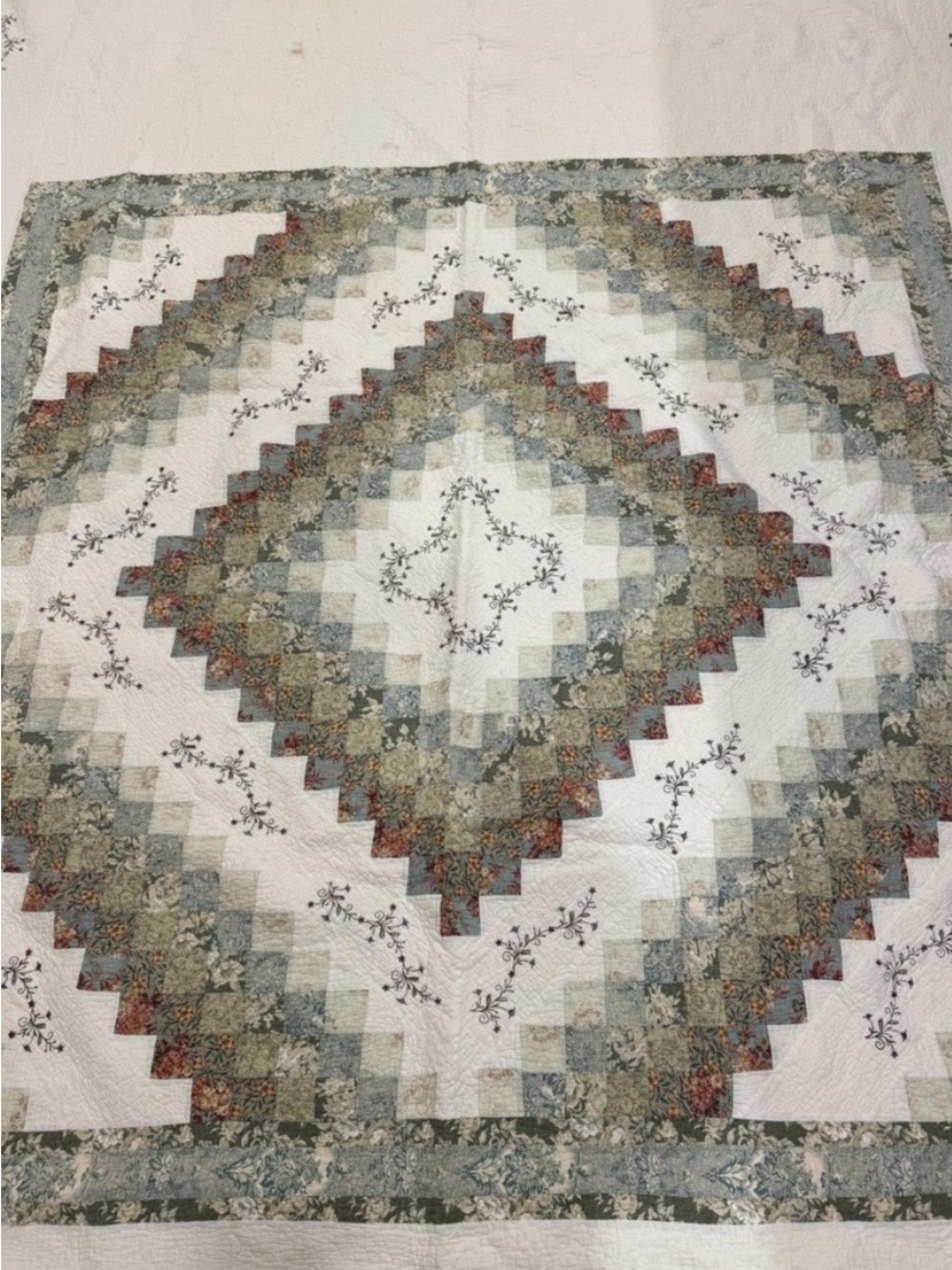 Quilted Bedspread in Cream, Green & Blue 100” x 113”